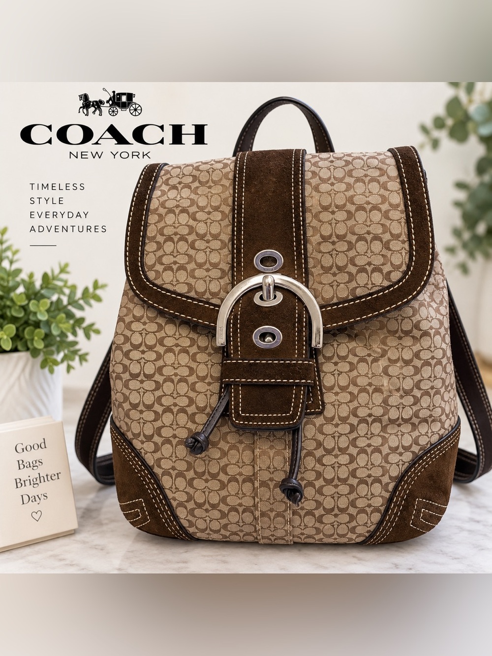 Coach 9764 Signature C Suede Trim Buckle Backpack Brown Y2K